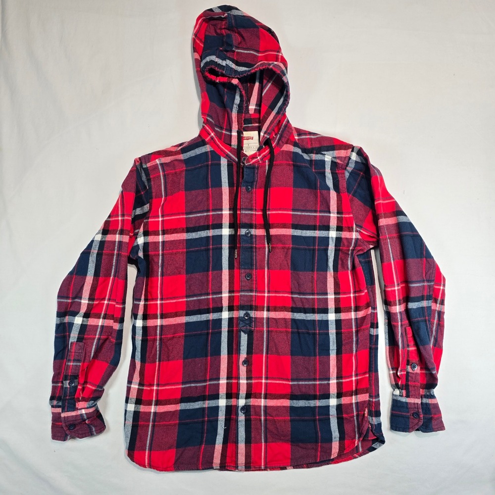 Levis Mens Hooded Flannel Shirt Small Red Navy Blue Plaid Button Up 3LGLW1550